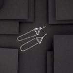 Photo vue de dessus d'une paire de boucles d'oreilles triangles. Ces boucles sont posées sur un fond noir.